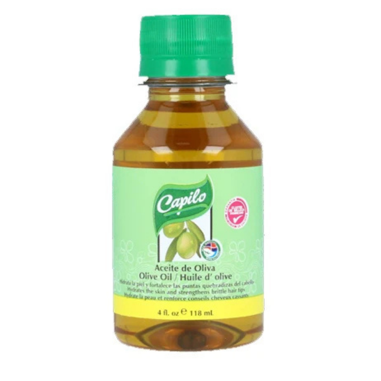 Farmacias Savia Capilo Olive Oil 4oz bottle with olive oil inside, clear glass container showing golden-green oil.