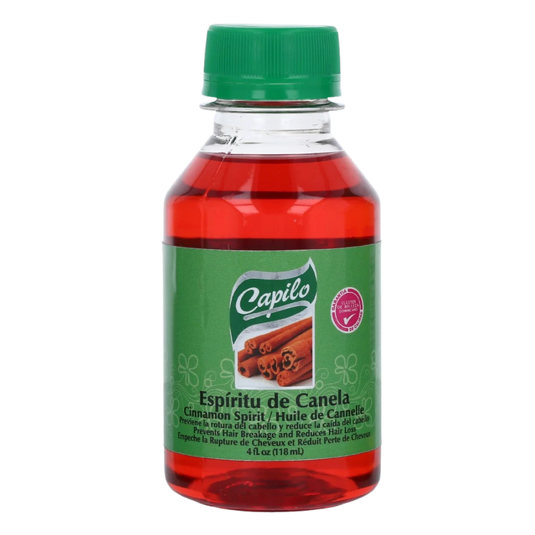 Farmacias Savia Capilo Cinnamon Spirit Oil in a 4oz bottle, showing the amber-colored herbal oil suitable for hair and skin use.