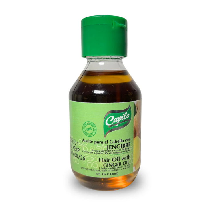 Capilo Ginger Root Oil 4oz bottle from Farmacias Savia, featuring amber glass with orange label and dropper cap for hair and skin use.