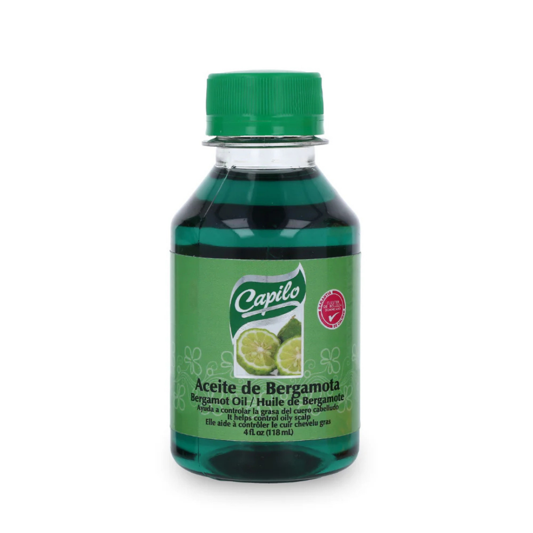 Farmacias Savia Capilo Bergamot Oil bottle, 4oz, with amber glass and label, showing the product ready for use.