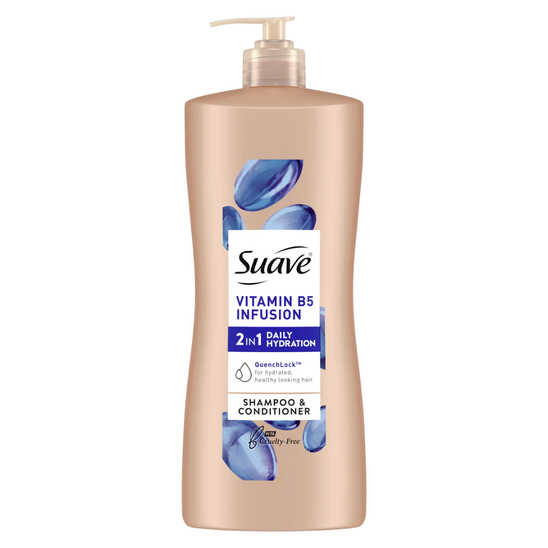 Suave Professionals Vitamin B5 Infusion Shampoo bottle for hair care, 28oz, with vibrant packaging and product label.