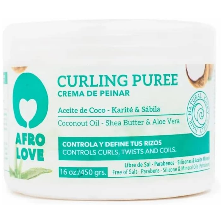 Afro Love Curling Puree for hair, 450g, in a jar, with curly hair on the label, by Farmacias Savia.