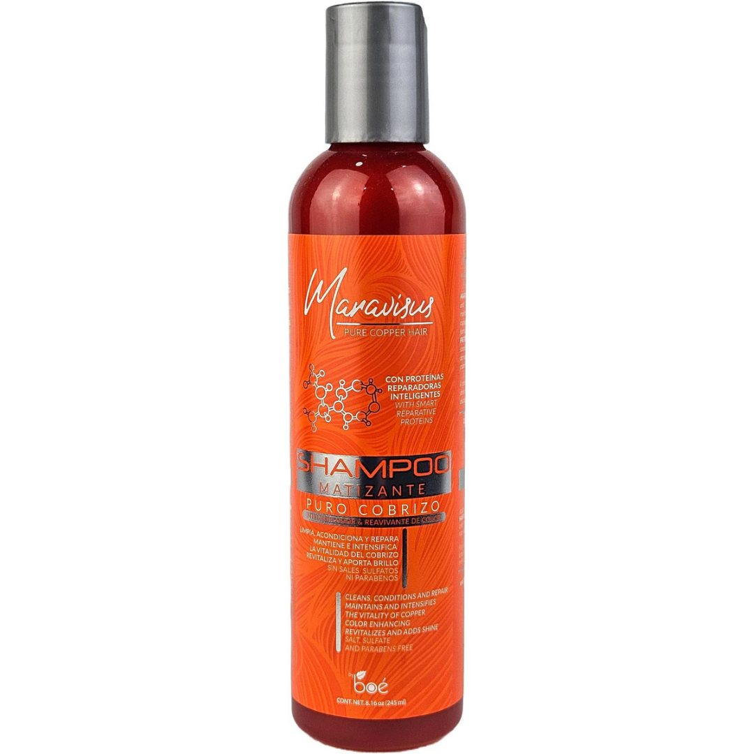 Maravisus Pure Copper Hair Puro Cobrizo Matizante Shampoo in 8oz bottle, featuring copper-toned hair care for vibrant color.