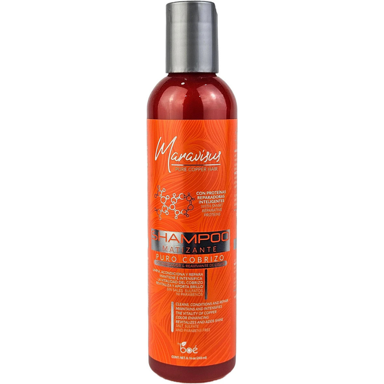 Maravisus Pure Copper Hair Puro Cobrizo Matizante Shampoo in 8oz bottle, featuring copper-toned hair care for vibrant color.