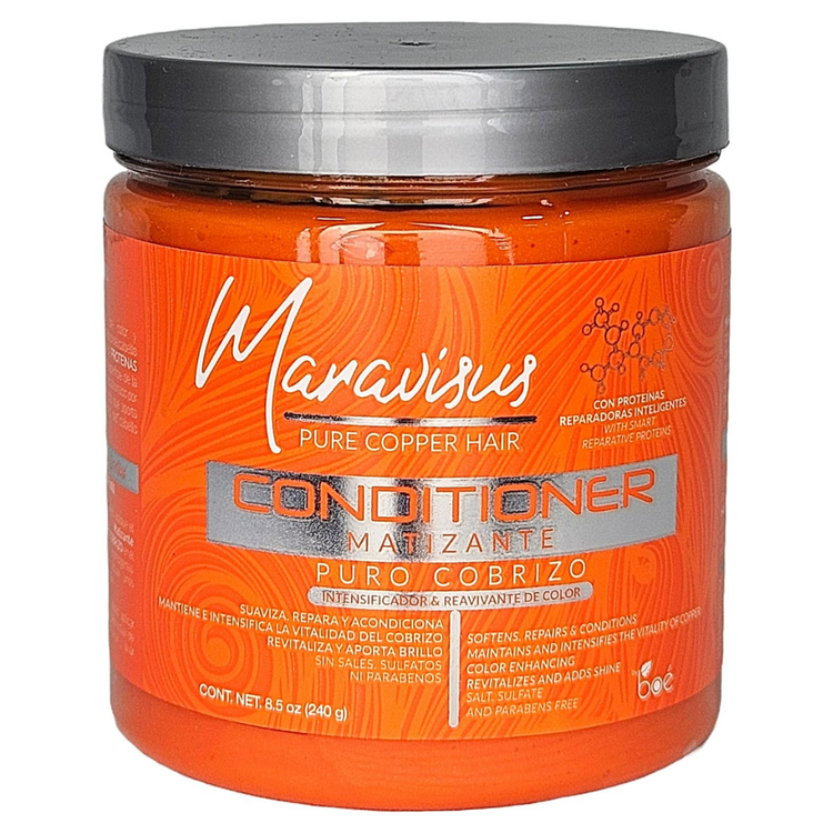 Maravisus Pure Copper Hair Conditioner in 8.5oz bottle, featuring copper-toned packaging and a pump dispenser for smooth hair care.