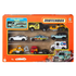 Set of nine colorful Matchbox toy cars in a gift pack for children aged 3 and up, featuring various vehicle types and bright designs.