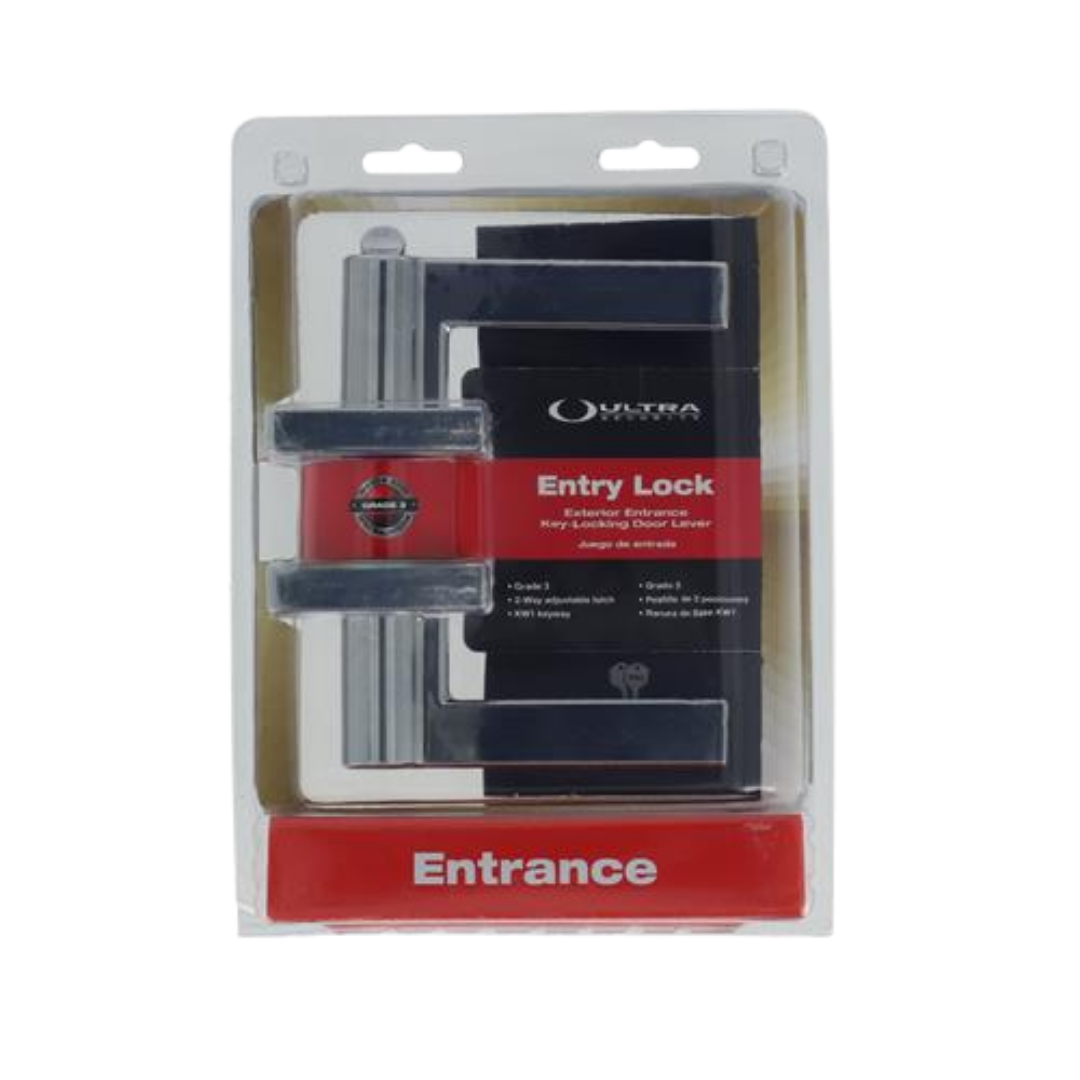 Heavy-duty Ultra Entry Lock deadbolt by Farmacias Savia, showing the sturdy metal lock mechanism on a door.