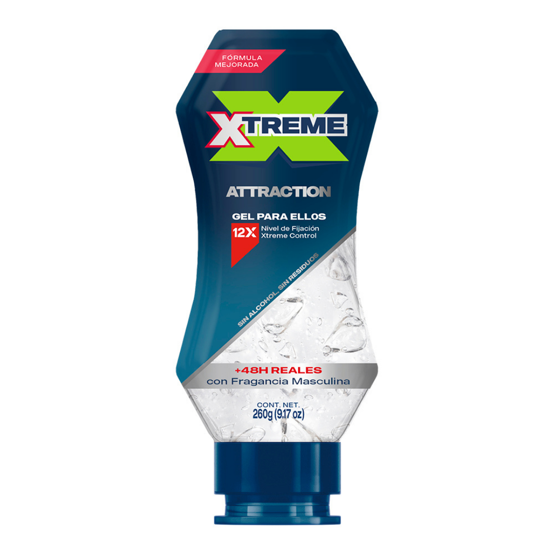Xtreme Attraction Hair Gel for Men with Level 12 Hold in 9.17oz bottle, featuring a squeeze tube and professional styling design.