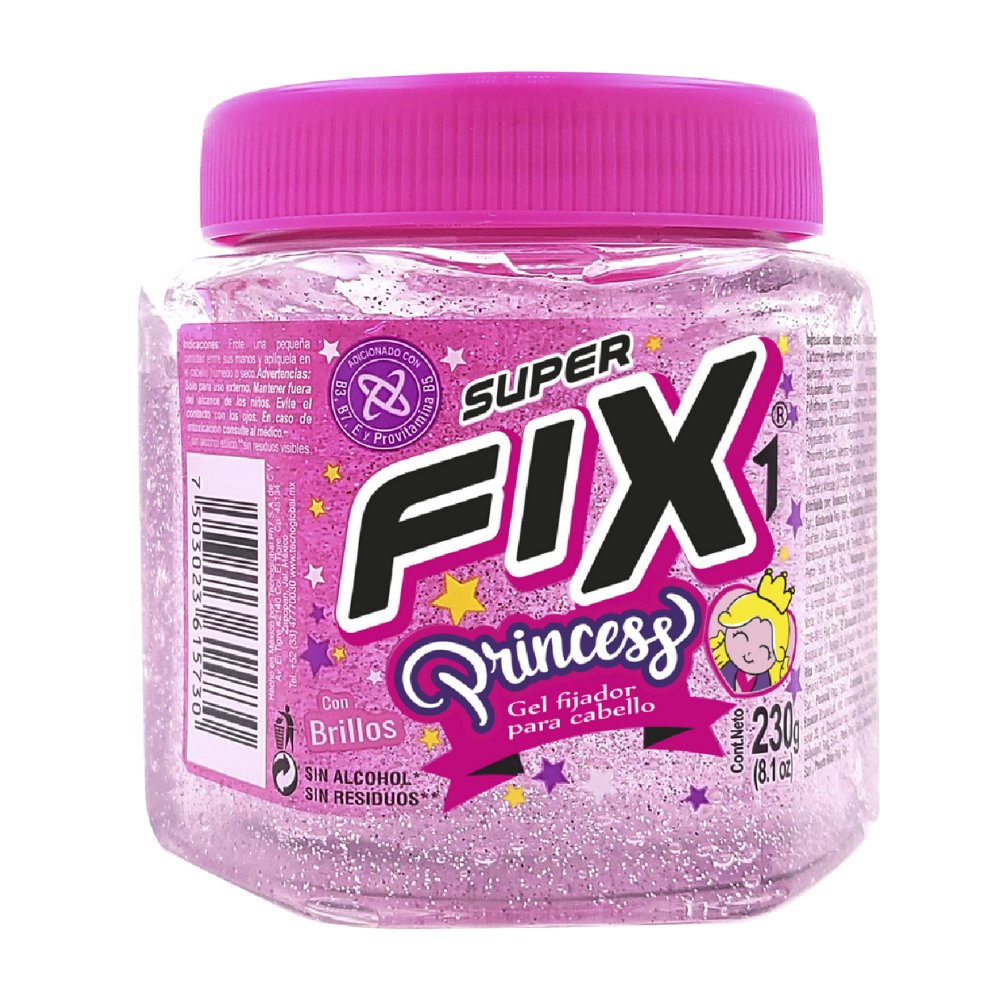 Princess glitter hair gel by Farmacias Savia in 8.1 oz container, with sparkling glitter finish for styled, shiny hair.
