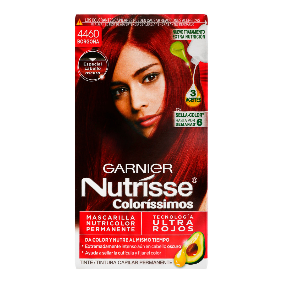 Garnier Nutrisse Ultra Color Red Ruby hair dye box in red and black packaging with product details visible
