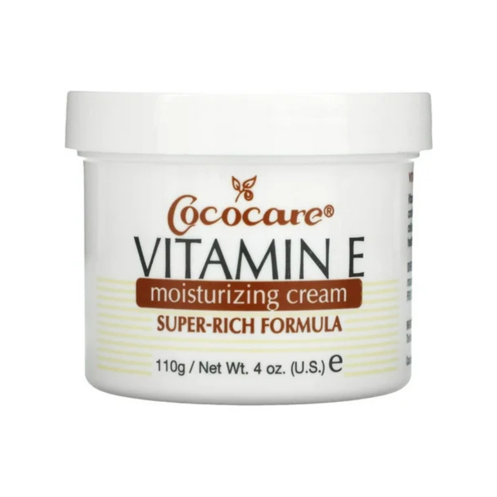 Cococare Vitamin E Moisturizing Cream in 4 oz jar, skincare product for hydration and skin nourishment.