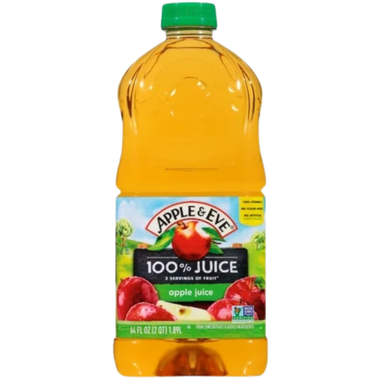 Clear 64oz bottle of Apple & Eve 100% apple juice from Farmacias Savia, showing the label and transparent bottle.