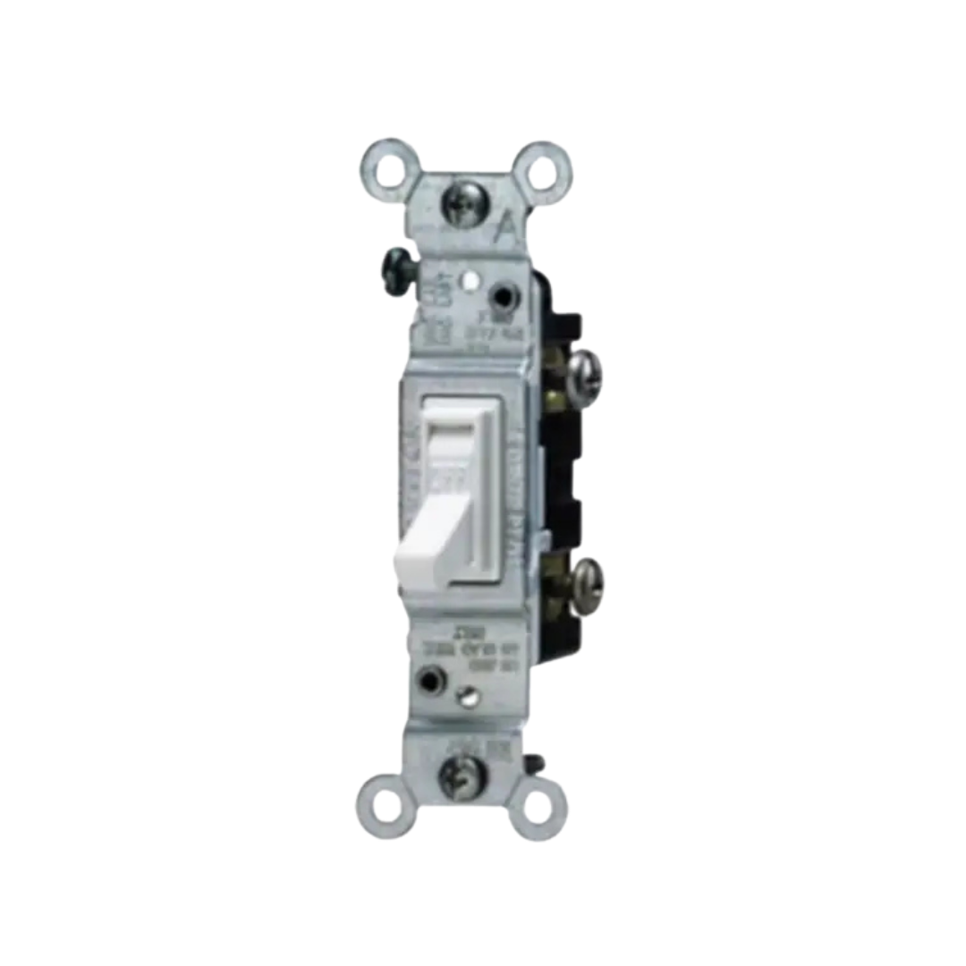 White and ivory standard single light switch from Farmacias Savia, shown with its sleek, clean design and toggle mechanism.