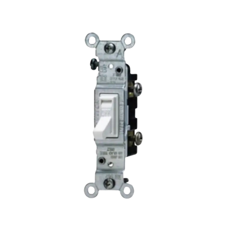 White and ivory standard single light switch from Farmacias Savia, shown with its sleek, clean design and toggle mechanism.