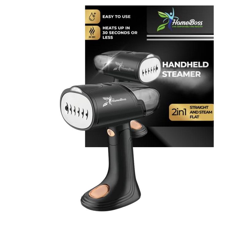 HomeBoss 2-in-1 handheld garment steamer and steam iron in black and gold, portable and compact for easy fabric steaming.