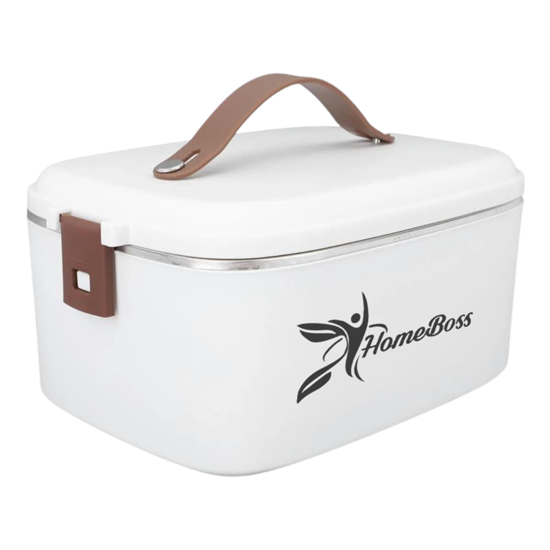 White HomeBoss electric lunch box portable food warmer with handle, designed for heating meals on the go.