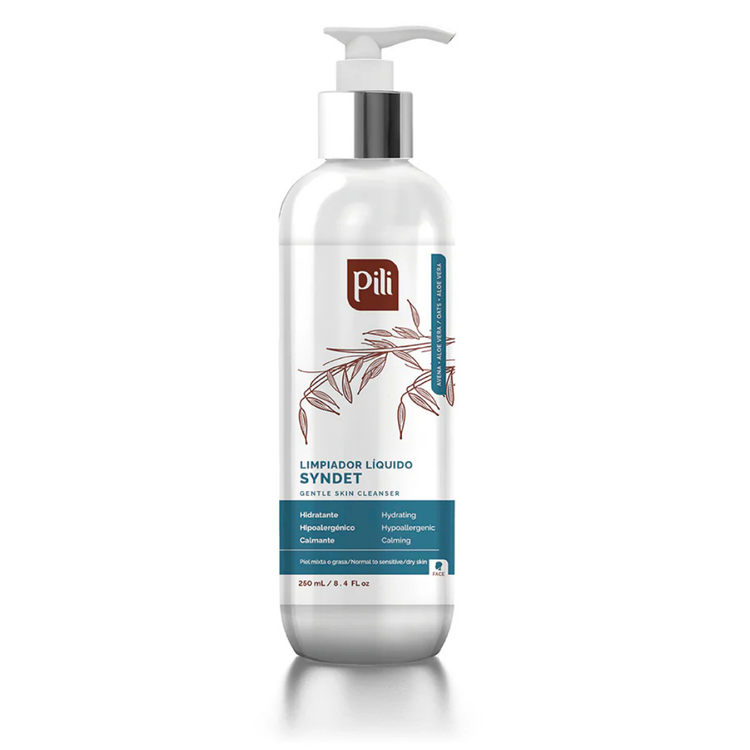 Pili Syndet gentle skin cleanser liquid soap with oats and aloe, 8.4oz, for soothing skin care in a clear bottle