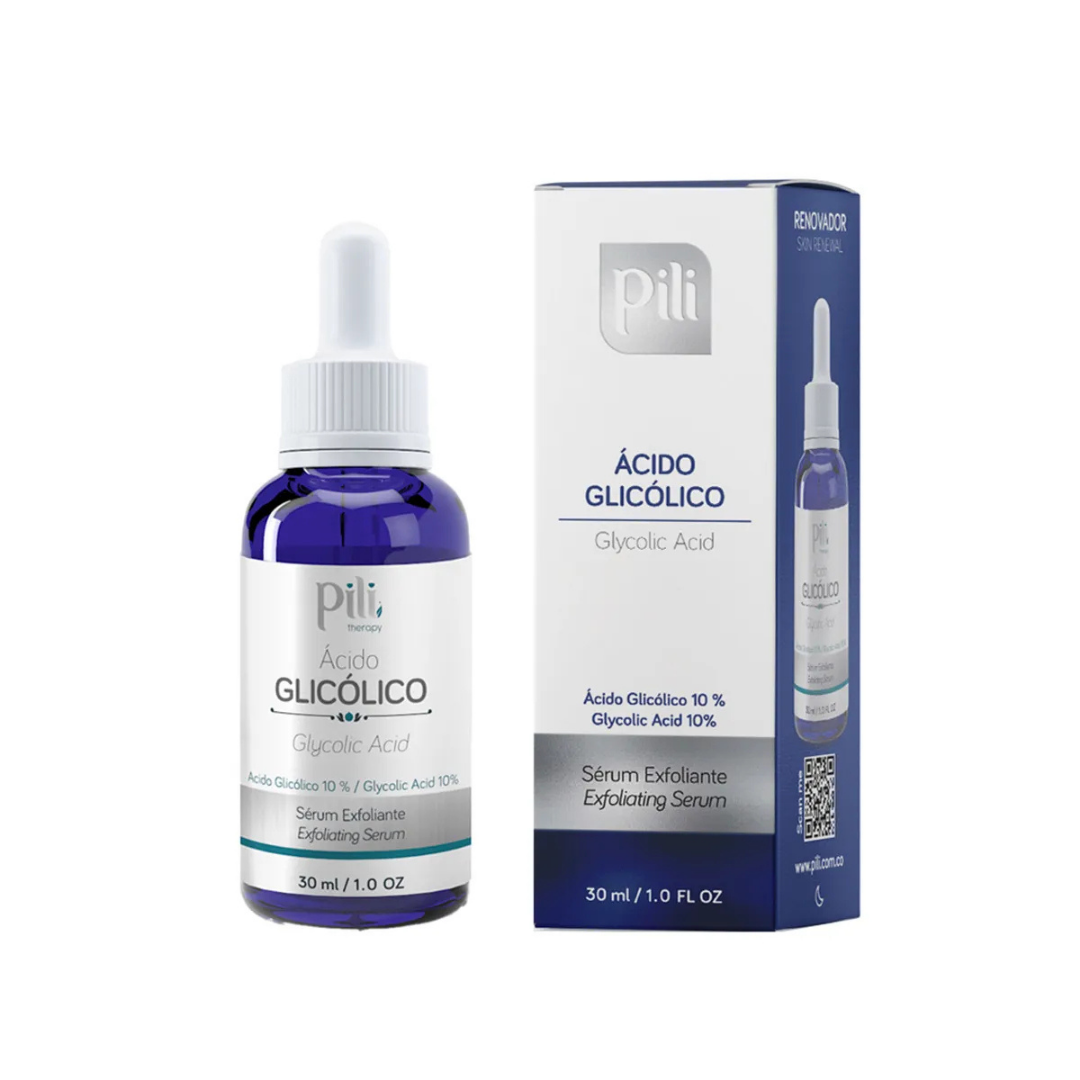 Pili Glycolic Acid 10% exfoliating facial serum bottle, skincare product for gentle skin exfoliation and renewal.