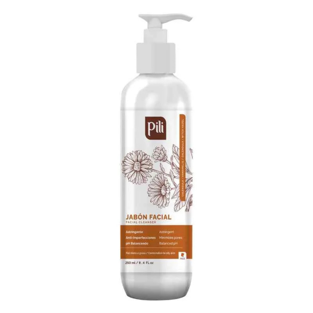 Pili Facial Cleanser by Farmacias Savia with calendula and witch hazel, 8.4oz, showing the white bottle with label.