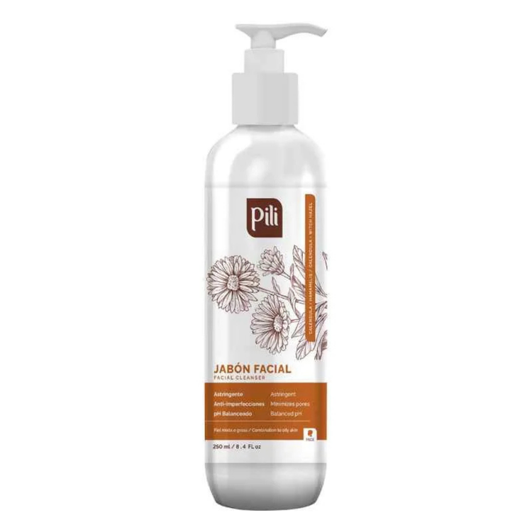 Pili Facial Cleanser by Farmacias Savia with calendula and witch hazel, 8.4oz, showing the white bottle with label.