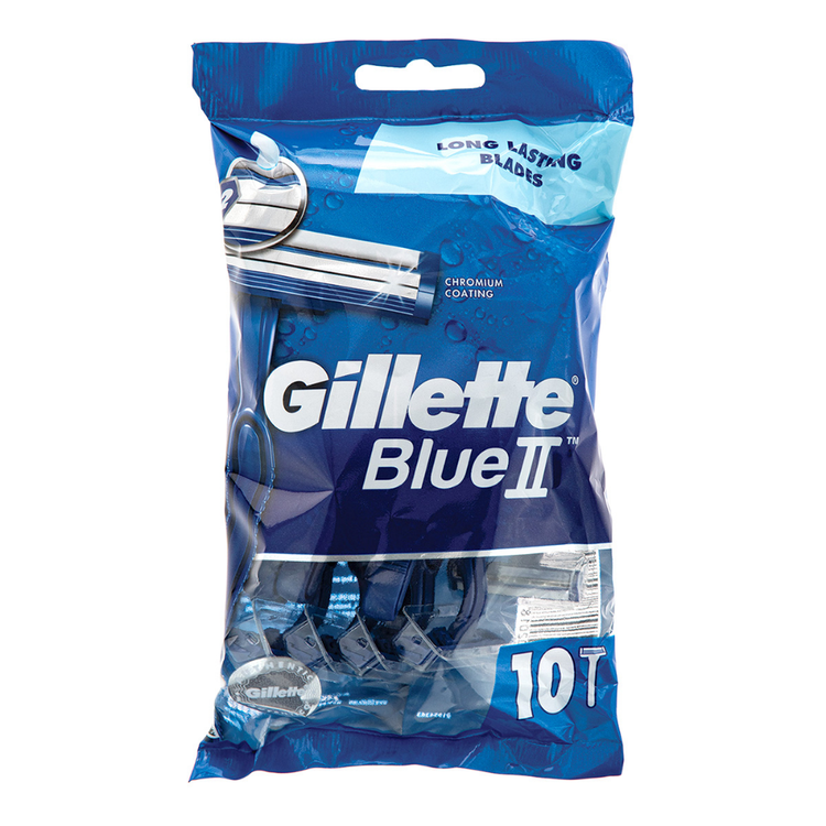 Farmacias Savia Gillette Blue II Razor Bag with 10 disposable razors, featuring blue handles and protective covers.