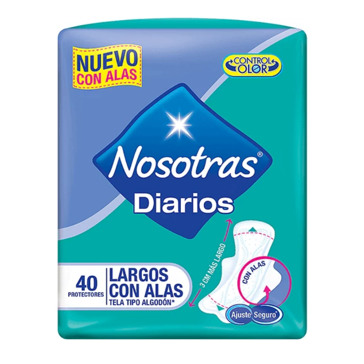 Nosotras long with wings sanitary pads, 40-count pack, white absorbent daily liners for women, by Farmacias Savia