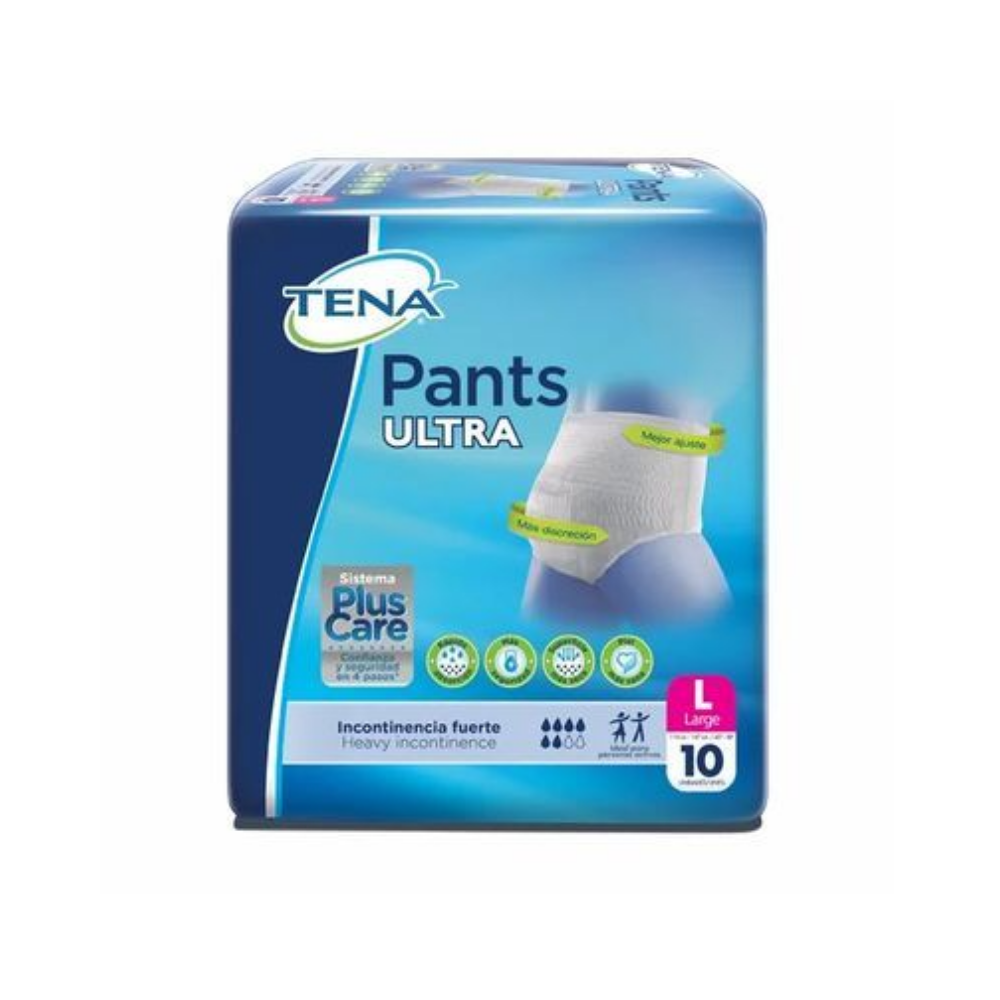 Adult incontinence Tena Pants Ultra Plus Care Large, 10-count package, showing the discreet adult diaper design and packaging.