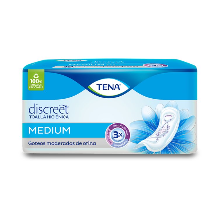 Tena Women Discreet Medium Pads in a 10-count package, designed for discreet protection and comfort.