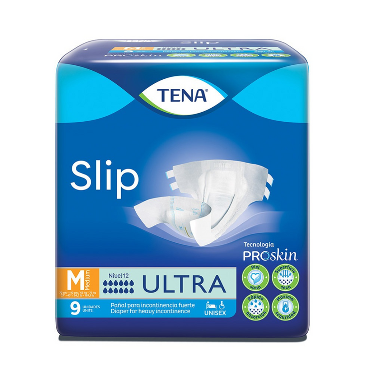 TENA Slip Tela in Medium size, 9-pack, adult incontinence brief with absorbent core and soft fabric, from Farmacias Savia.