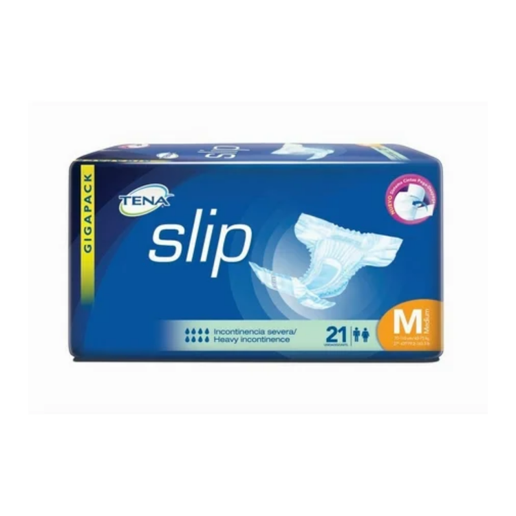 Adult incontinence pads from Tena Slip Heavy, medium size, 21-count, with soft fabric and secure fit for comfort.