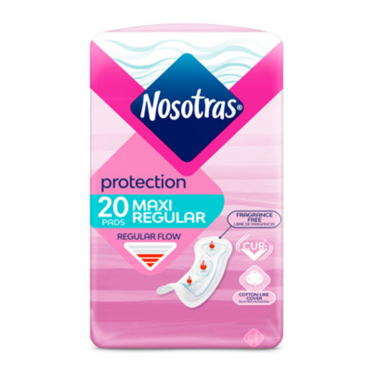 Nosotras Protection Maxi Regular Pads in a 20-count package, featuring soft, absorbent toallas from Farmacias Savia.