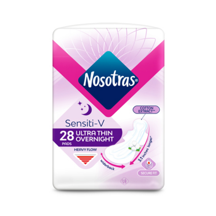 Nosotras heavy flow ultra thin overnight maxi pads in 28-count package, soft to the touch, for overnight protection.