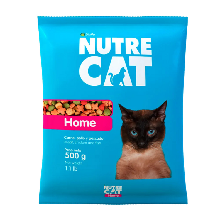 Nutrecat Home Adult Cat Food in 1.1lb bag, premium pet food by Farmacias Savia, featuring healthy ingredients for cats.