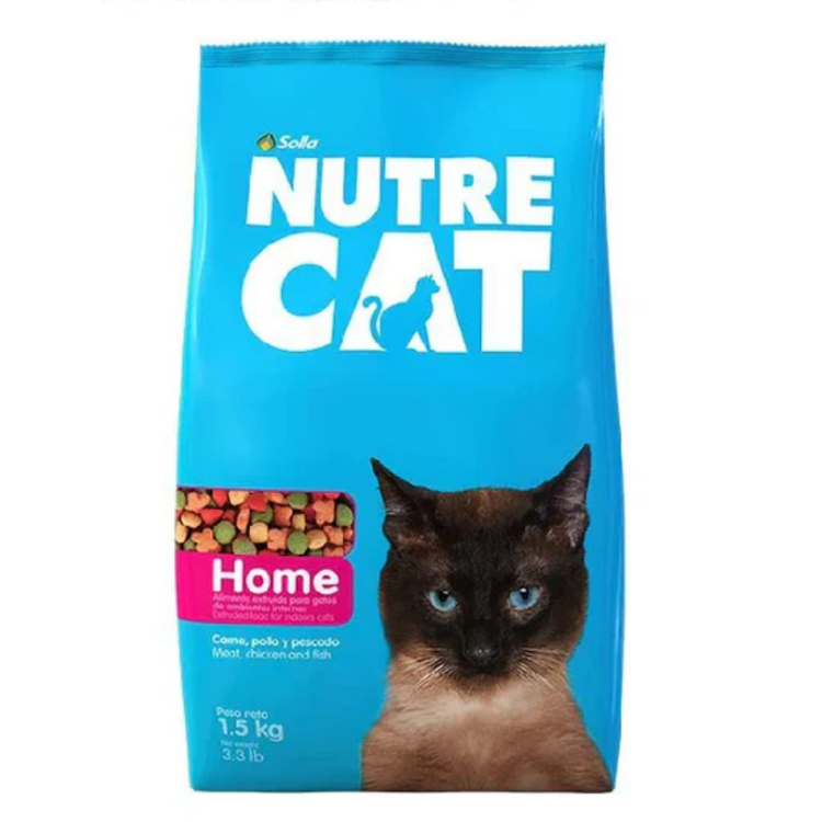 Dry cat food bag by NutreCat Home, 3.3 lbs, featuring farm animal illustrations and natural ingredients for feline nutrition.