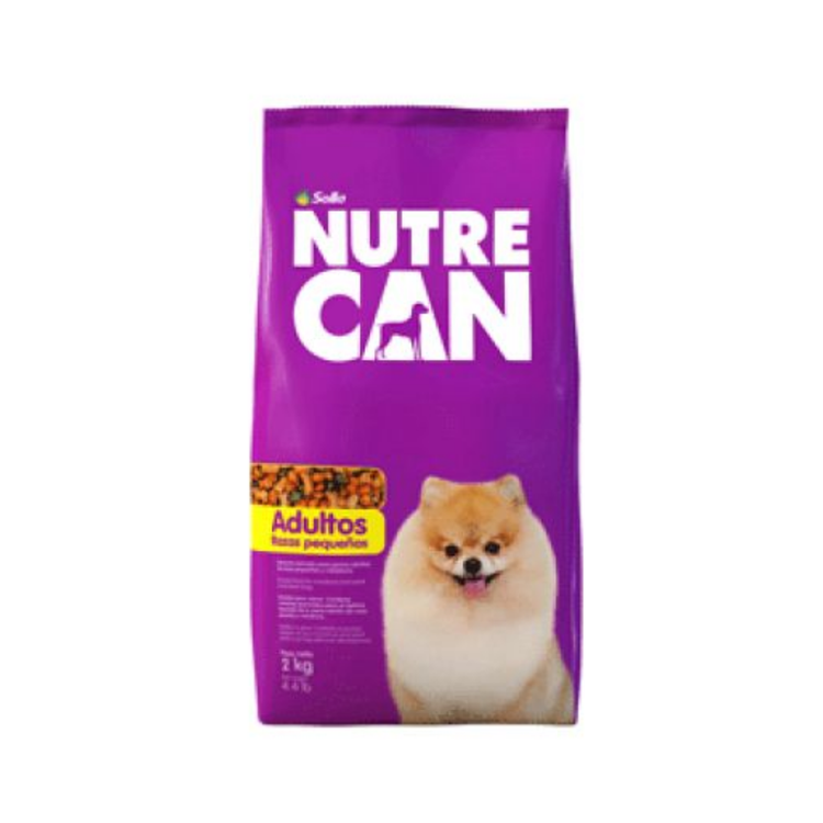 Small breed adult dog food Nutre Can by Farmacias Savia in a 4.4 lb can, showing the nutritious dog food inside.