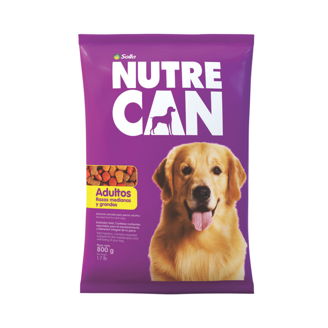 Farmacias Savia Solla Nutre Can adult dog food for medium and large breeds, 1.7 lb can with nutritious dog food visible