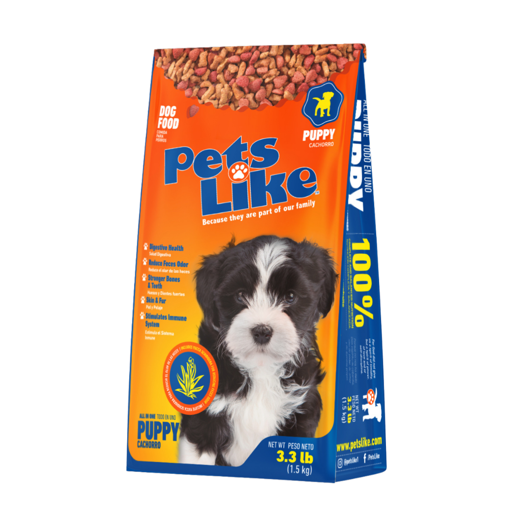 Pets Like Puppy All-In-One Complete Nutrition Dog Food in 3.3lb bag from Farmacias Savia, showing the dog food packaging.