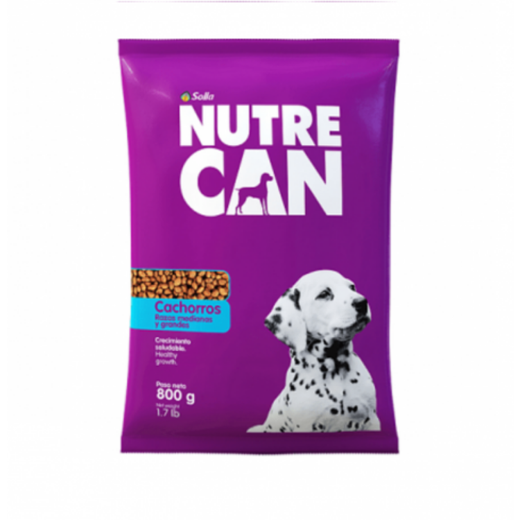 Farmacias Savia Nutre Can puppy dry dog food in 1.7lbs bag, nutritious pet food for growing puppies, with colorful packaging.