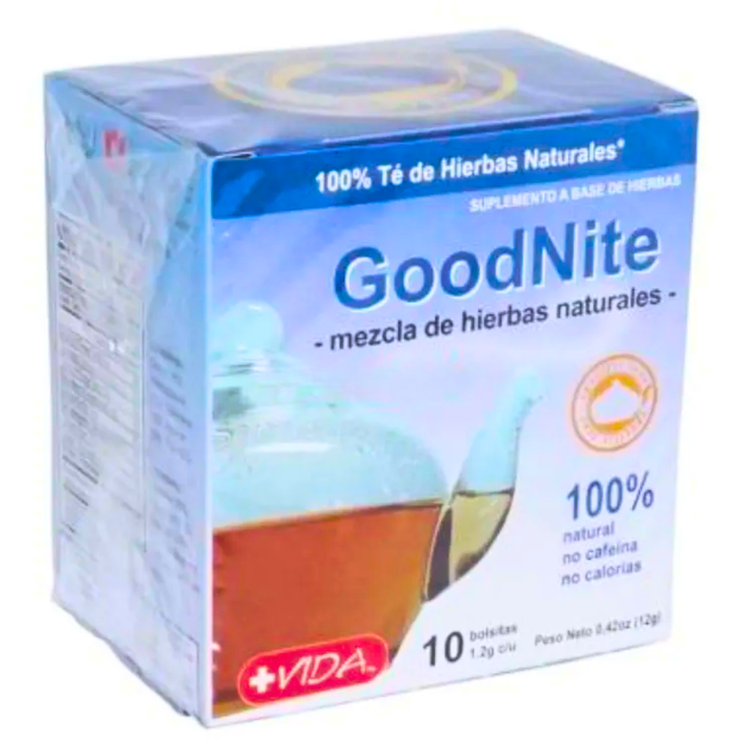 Más Vida GoodNite herbal tea by Farmacias Savia, natural caffeine-free, no calories, in a 10-count box.
