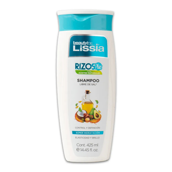 Farmacias Savia Beautyline Lissia Rizos Plus salt-free shampoo in 14.45oz bottle, suitable for curly hair, with natural ingredients.