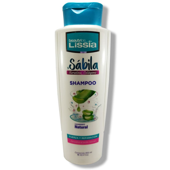 Beauty Line by Lissia Aloe Vera, Keratin & Collagen Shampoo in 28.9 fl oz bottle, showing the product label and packaging.