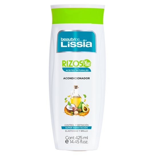Beautyline Lissia Rizos Plus salt-free conditioner for hair by Farmacias Savia, shown in 14.45oz bottle with label and cap.