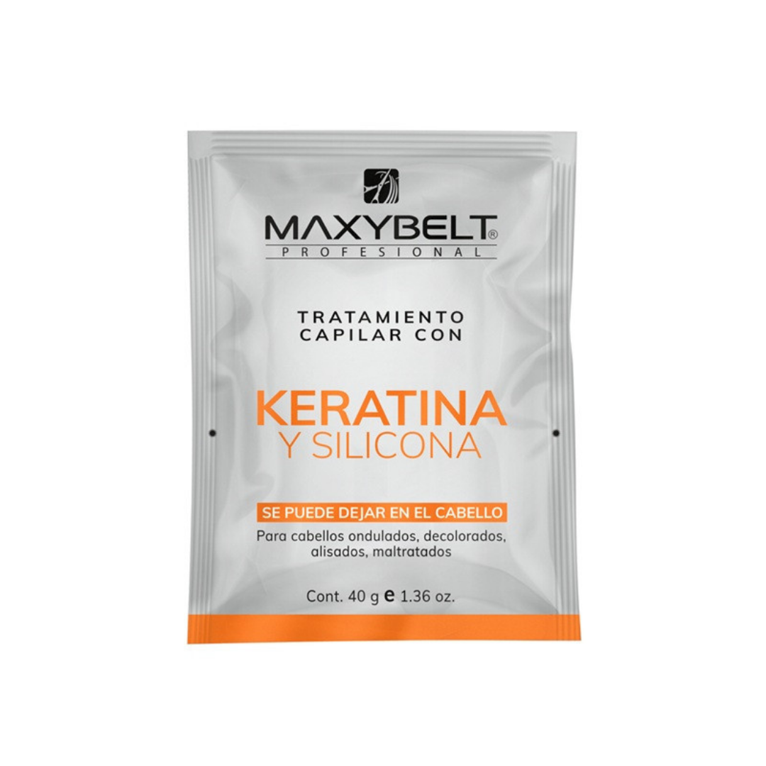 Farmacias Savia MaxyBelt Keratin & Silicone Leave-In Treatment bottle, 1.36 oz, with product label and applicator cap visible.
