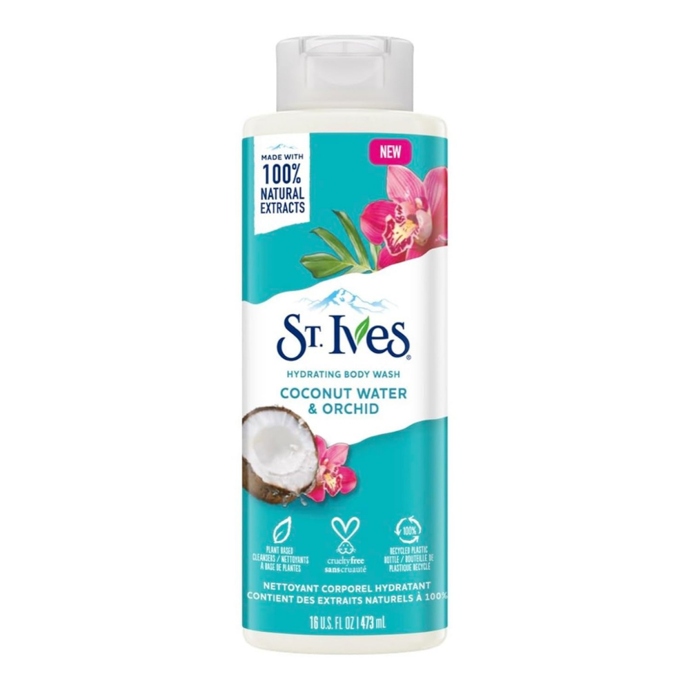 Hydrating St. Ives coconut water and orchid body wash in 16oz bottle, natural and moisturizing for smooth skin.