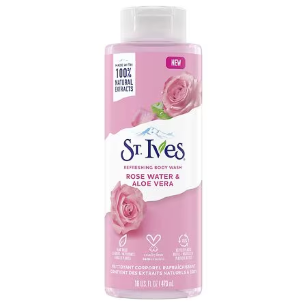 St. Ives Refreshing Body Wash gel de baño with rose water and aloe vera, in a 16 fl oz bottle, shown in the image.