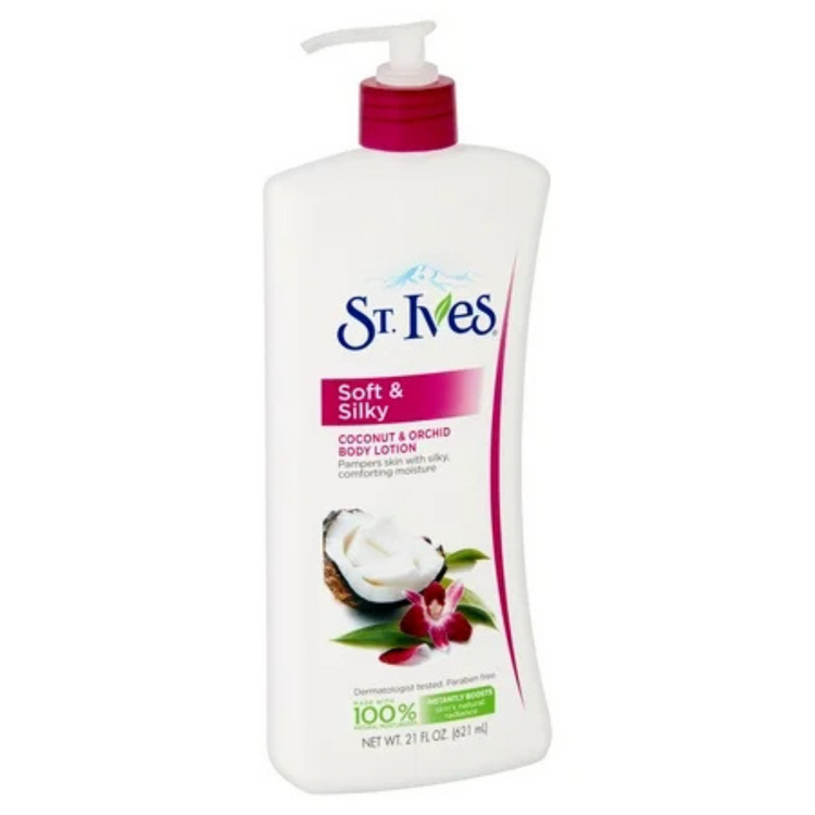 St. Ives coconut and orchid body lotion in a 21 oz bottle, moisturizing and softening skin, by Farmacias Savia.