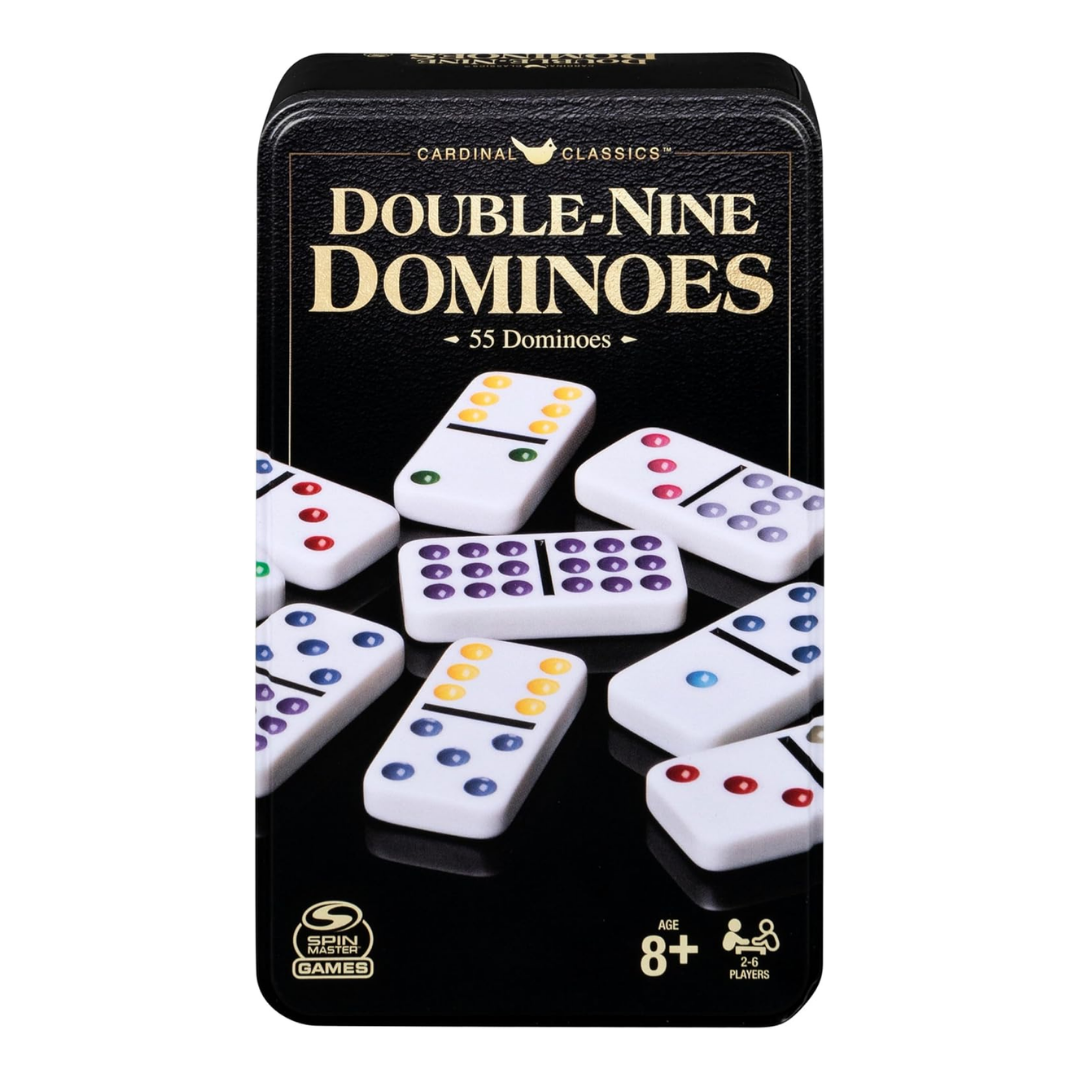 Farmacias Savia Cardinal Classics Double-Nine Color Dot Dominoes in tin case, featuring vibrant colored dots on white tiles.