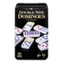 Farmacias Savia Cardinal Classics Double-Nine Color Dot Dominoes in tin case, featuring vibrant colored dots on white tiles.
