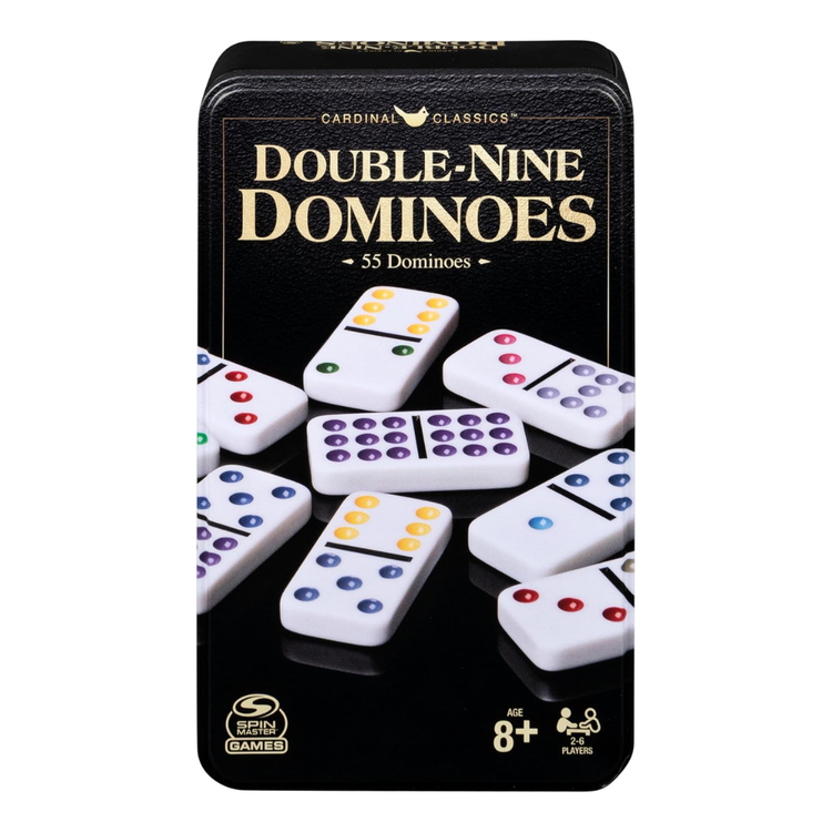 Farmacias Savia Cardinal Classics Double-Nine Color Dot Dominoes in tin case, featuring vibrant colored dots on white tiles.