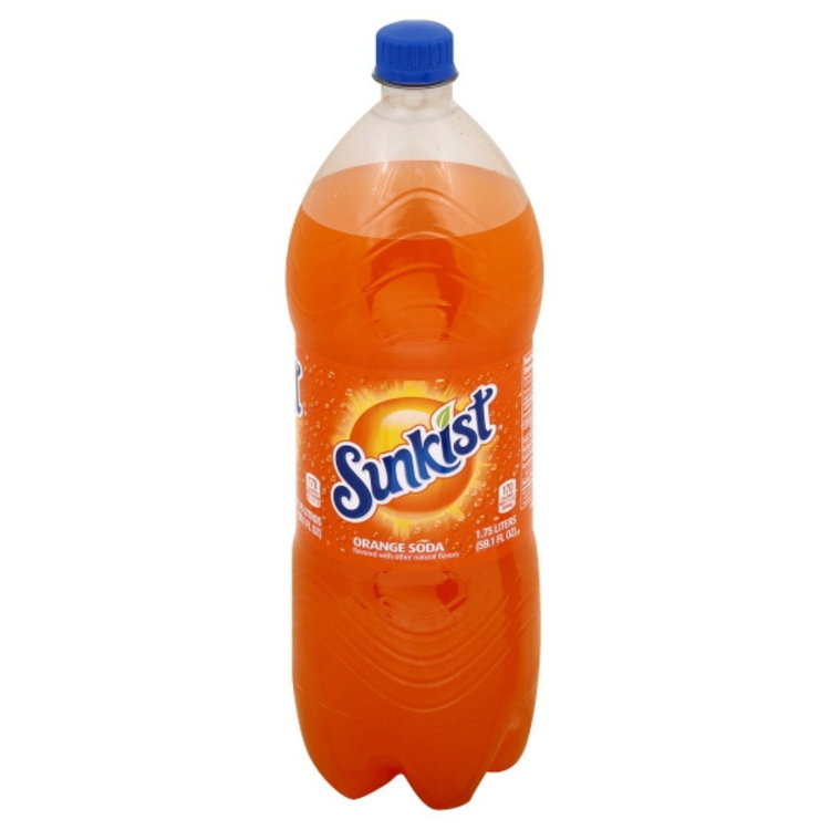 Sunkist Orange Soda 1.75L bottle with bright orange label and cap, featuring fresh orange imagery and bold branding.
